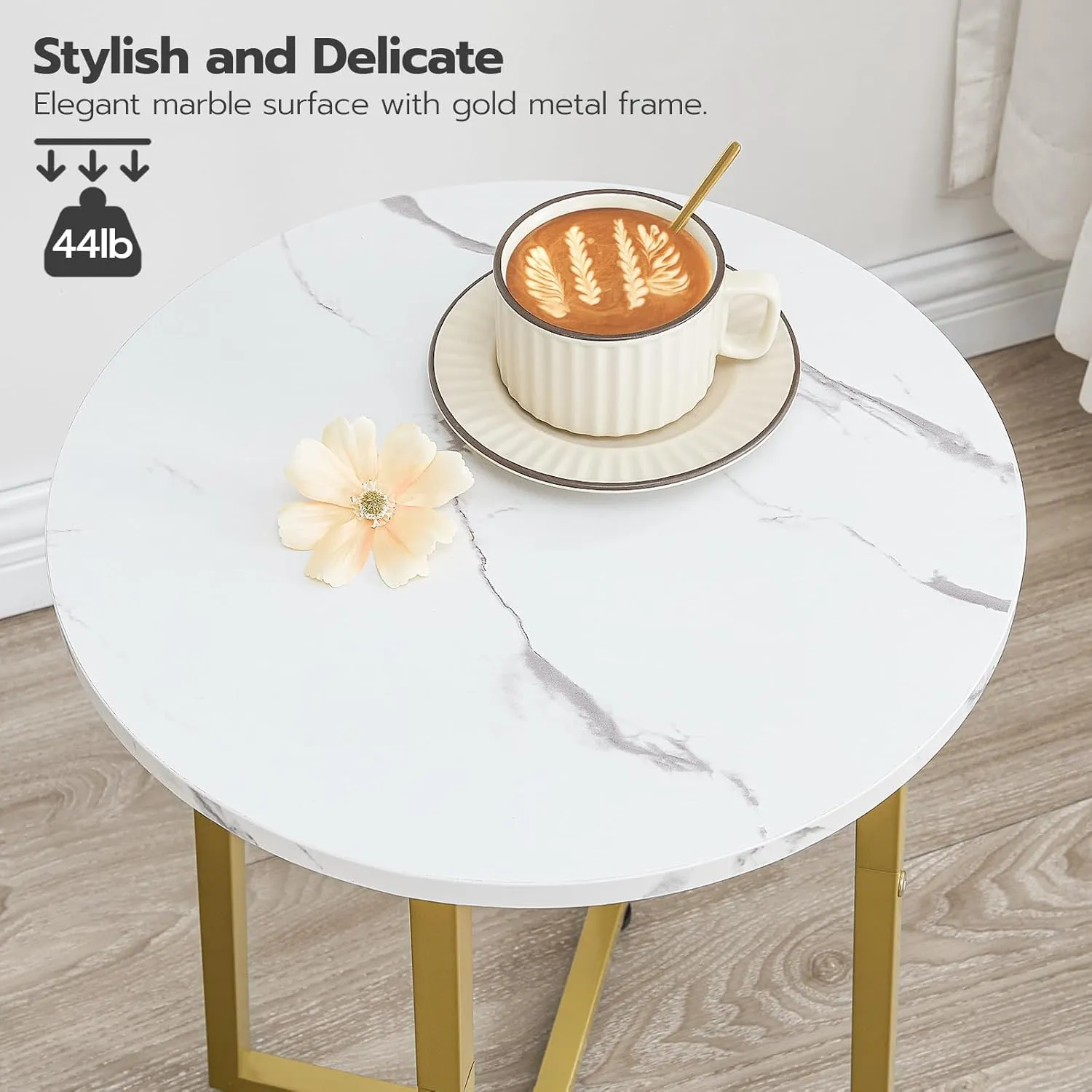 HOOBRO Side Table, Round Accent End Table with Sturdy X-Shaped Metal Frame, 15.7" Round Nightstand, for Living Room, Bedroom, Balcony, Office, Marble and Gold DM95BZ01