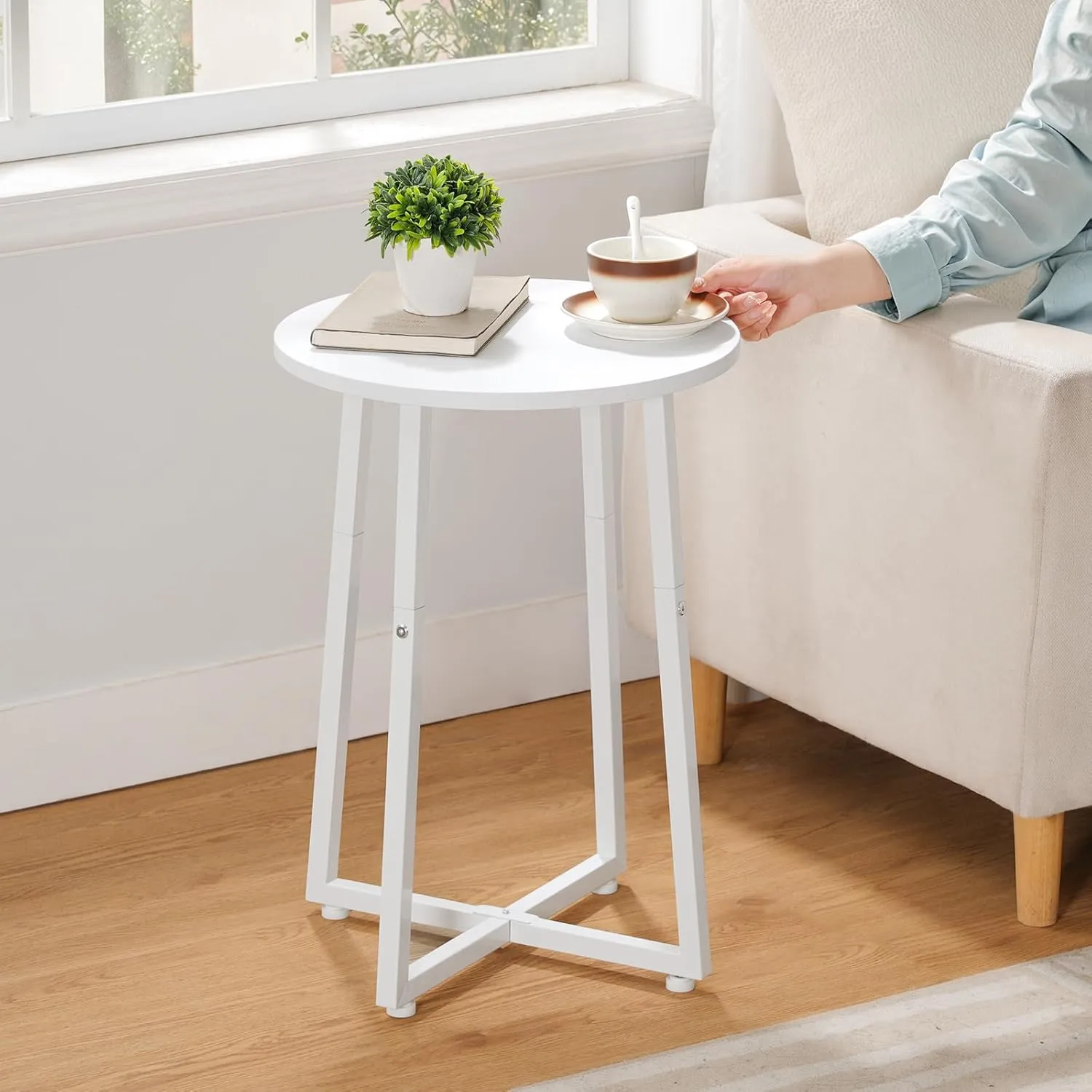 HOOBRO Side Table, Round End Accent Table with Sturdy X-Shaped Metal Frame, 15.7" Round Nightstand, for Living Room, Bedroom, Balcony, Office, White WW95BZ01