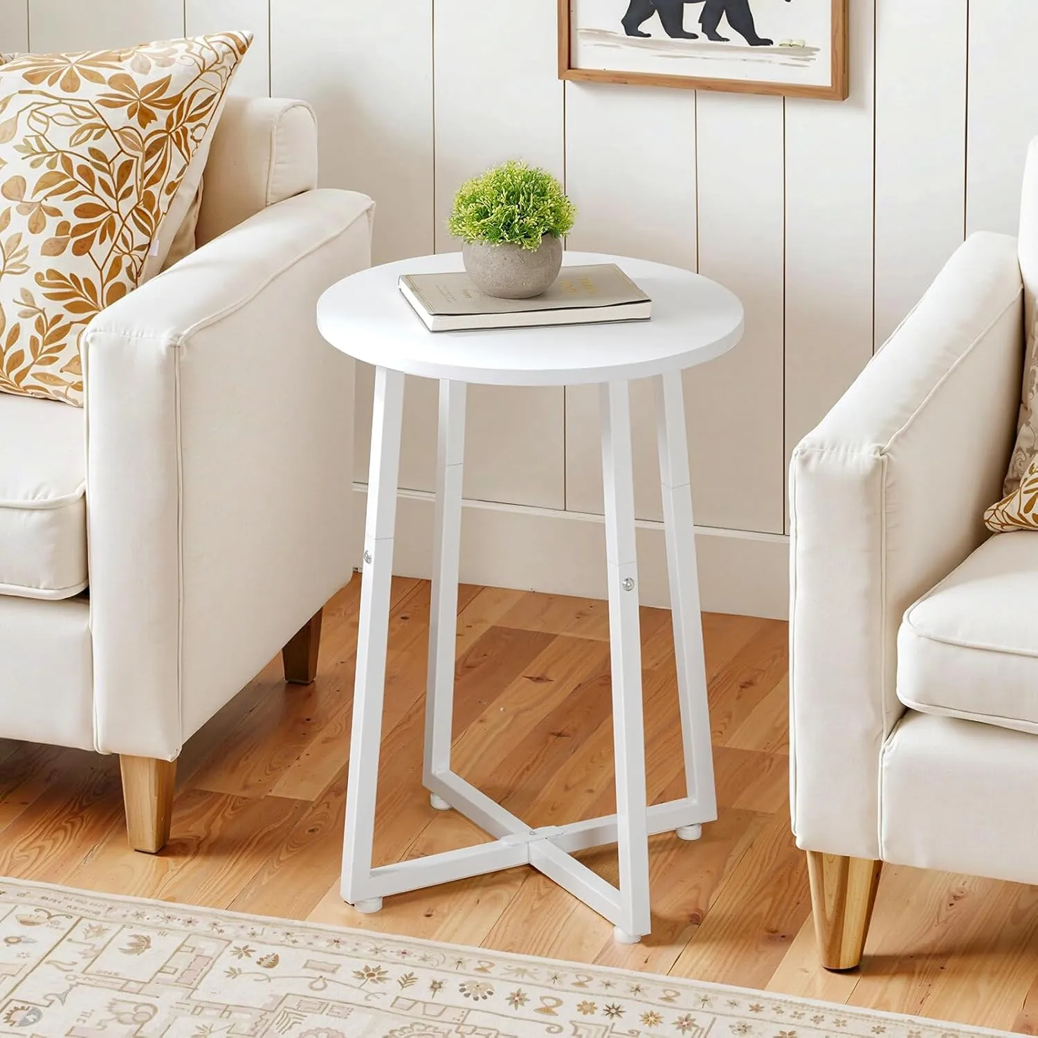 HOOBRO Side Table, Round End Accent Table with Sturdy X-Shaped Metal Frame, 15.7" Round Nightstand, for Living Room, Bedroom, Balcony, Office, White WW95BZ01