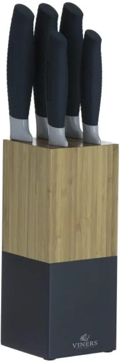 Horizon Knife Block Set of 6-Piece, 5 Kitchen Knives and Bamboo Knife Holder, Chef, Santoku, Carving, Utility and Paring Knives, Indigo, Stainless Steel, 0305.194