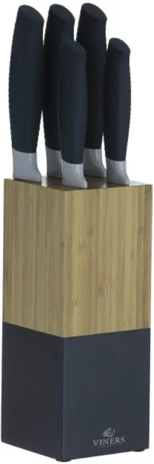 Horizon Knife Block Set of 6-Piece, 5 Kitchen Knives and Bamboo Knife Holder, Chef, Santoku, Carving, Utility and Paring Knives, Indigo, Stainless Steel, 0305.194