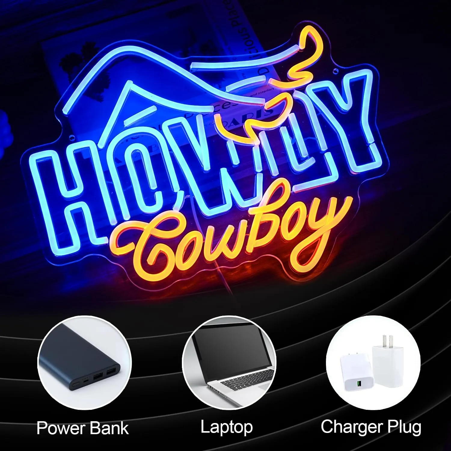 Howdy Cowboy Neon Sign Ladies High Heels Light Up Sign Powered by USB for Wall Decor Dimmable Cowboy Led Neon Light for Man Cave Bar Game Room Boys Girls Room (Blue Yellow)