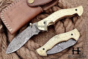 HUNTEX | Custom Handmade Hand-Forged Raindrop Pattern Damascus Steel Blade | 4 Inch Long | Hand Engraved Red Copper Handle | Razor Sharp Hunting Folding Pocket Skinning Knife | Genuine Leather Pouch