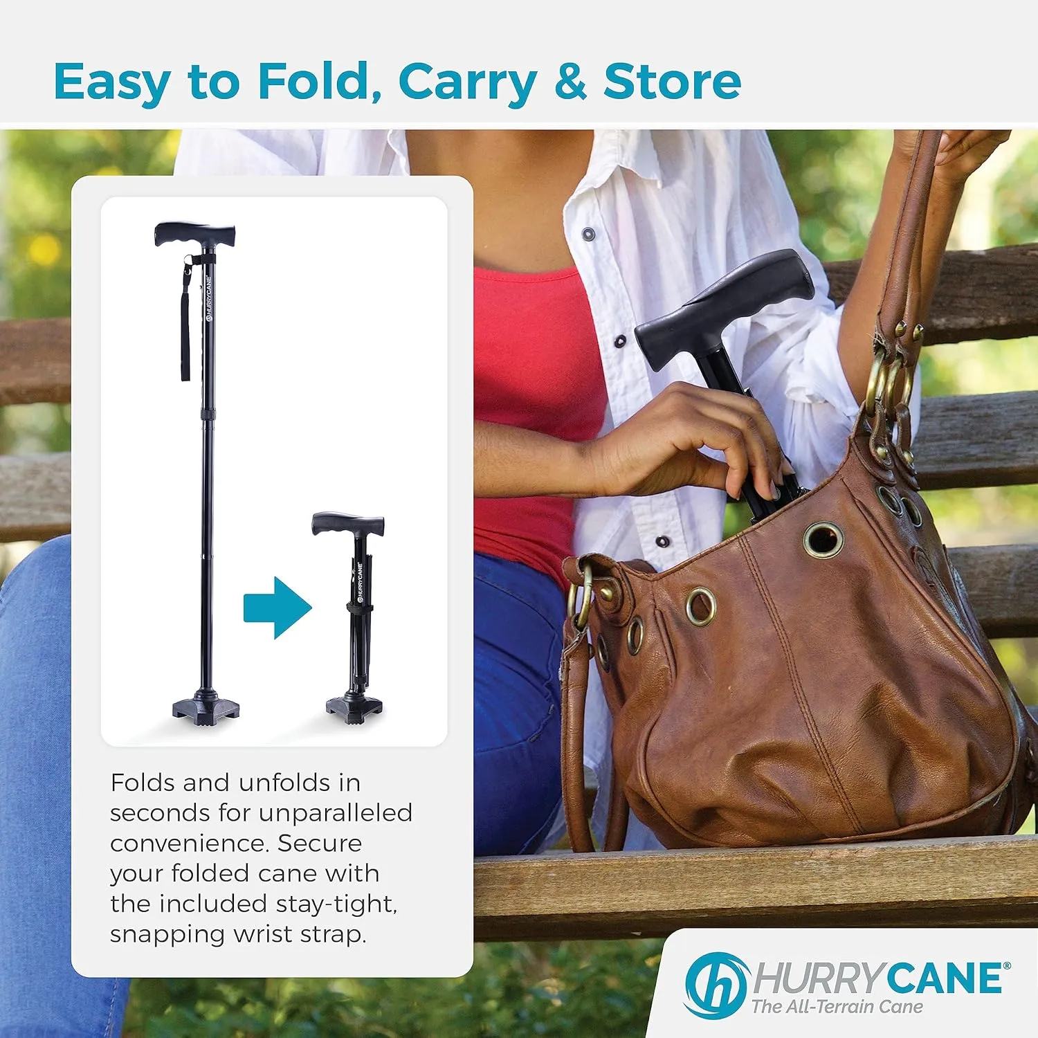 HurryCane Freedom Edition Foldable Walking Cane with T Handle