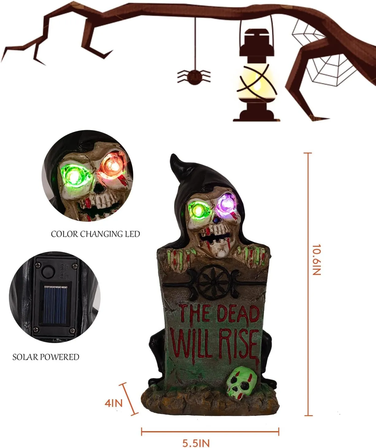 HUYIENO Solar Halloween Decoration Graveyard Tombstone Solar Garden Lights Resin Material for Halloween Party Decorations Outdoor Lawn Walkway Decor-Hat