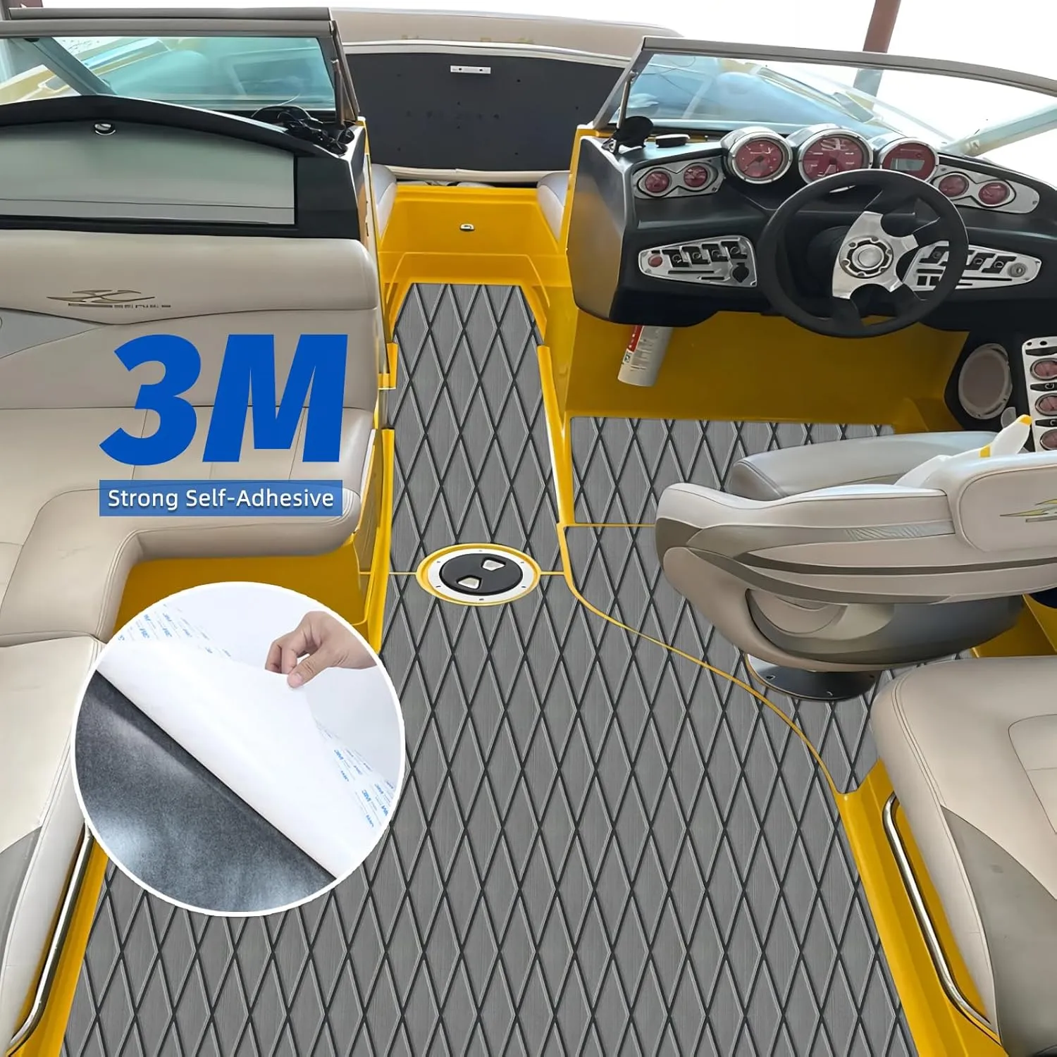 HXBYX EVA Foam Boat Flooring with 3M Adhesive Backing 6mm Thick Diamond Sea Deck Boat Carpet Marine Non-Slip Self-Adhesive Flooring Sheet for Kayak Yacht SwimPool RV 94"x43.9"/28.3"/15.3"