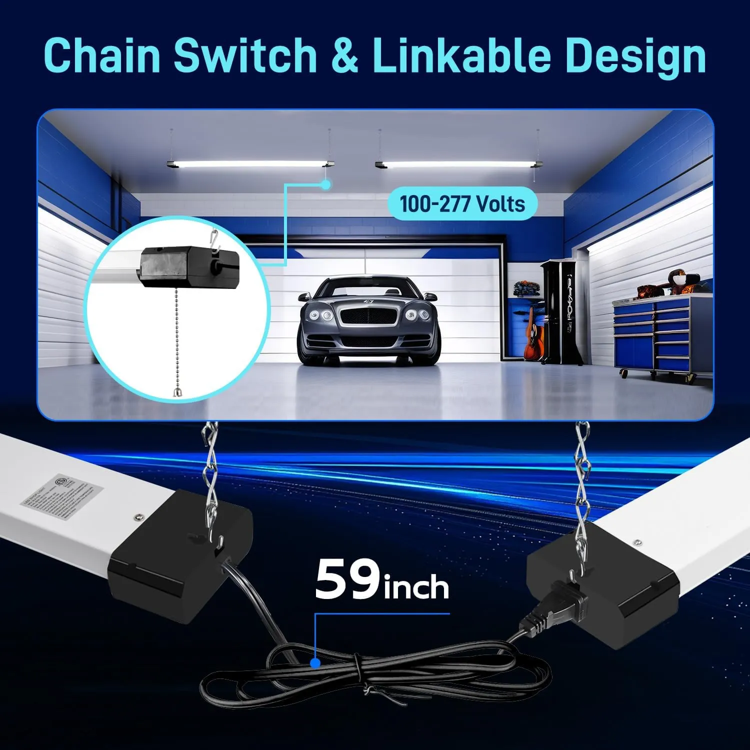 hykolity 5000K LED Shop Light Linkable, 4FT Daylight 42W LED Ceiling Lights for Garages, Workshops, Basements, Hanging or FlushMount, Power Cord with Pull Chain, 4400lm, ETL- 1 Pack