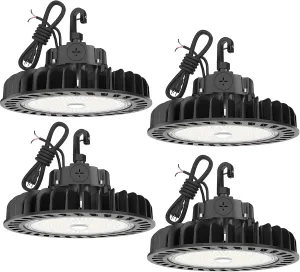 HYPERLITE 4Pack LED UFO High Bay Lights 250W 36,250lm 1-10V Dimmable 5000K 5' Cable with 110V Plug Hanging Hook Safe Rope UL Listed for Shopping Mall Stadium Exhibition Hall