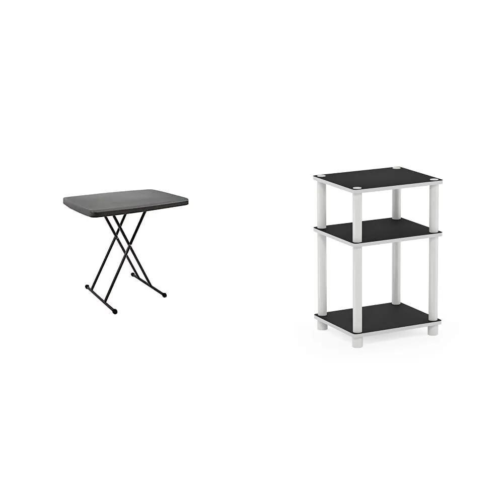 Iceberg IndestrucTable Too 1200 Series, Personal Folding Table, Charcoal, 20” W x 30” & Furinno Just 3-Tier Turn-N-Tube End Table, 1-Pack, White/White