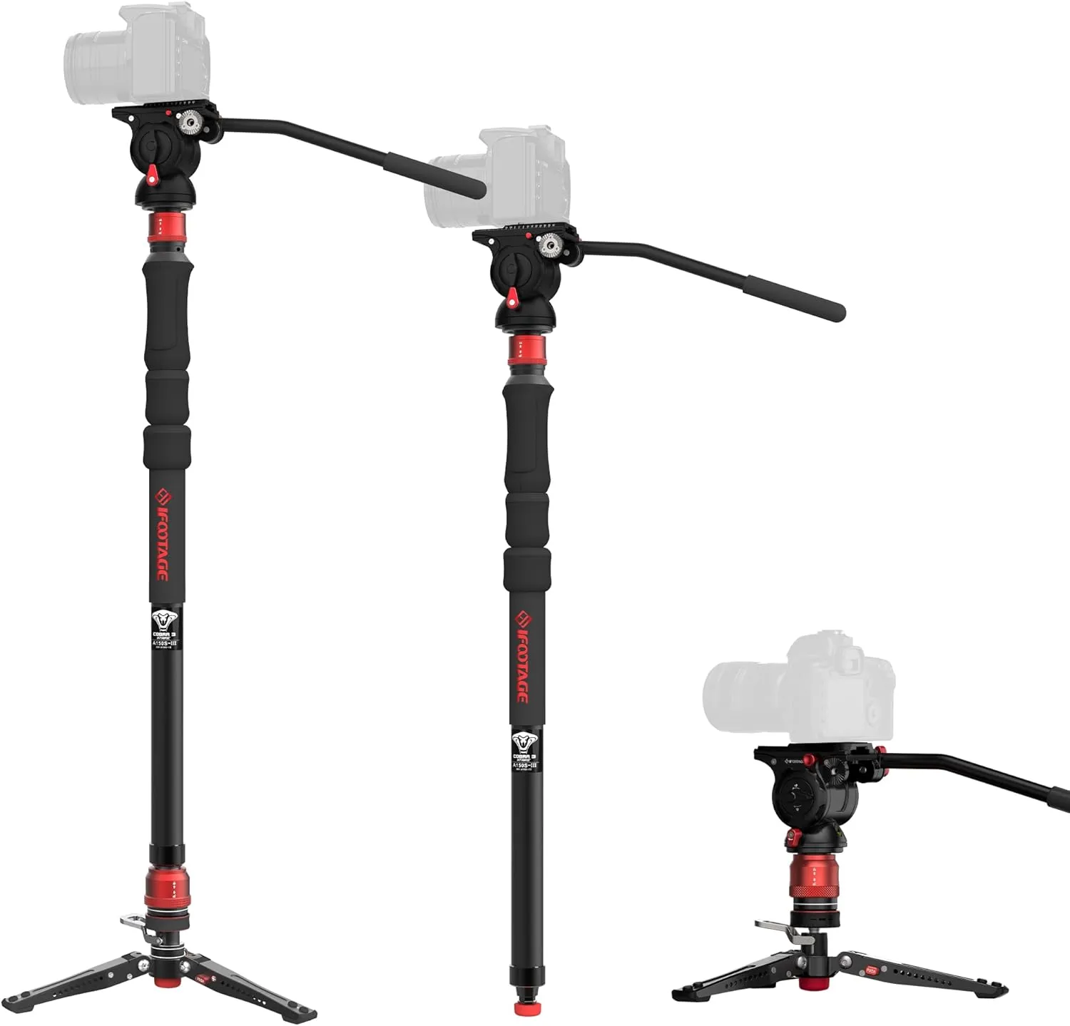 IFOOTAGE Cobra 3 Strike Monopod A150S-Ⅲ Camera Monopod with Feet&K5S Fluid Head Komodo, One-Touch Lifting Aluminum Video Monopod with Removable Tripod Base, Payload 11lb 60"/150cm