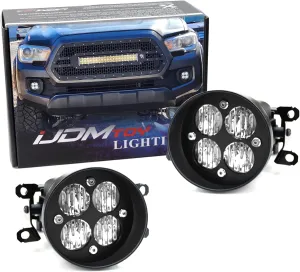 iJDMTOY Clear Lens 24W High Power LED Wide Angle SAE Flood Beam Fog Light Kit w/Built-On Mounting Brackets Compatible With Toyota Tacoma Tundra 4Runner, etc