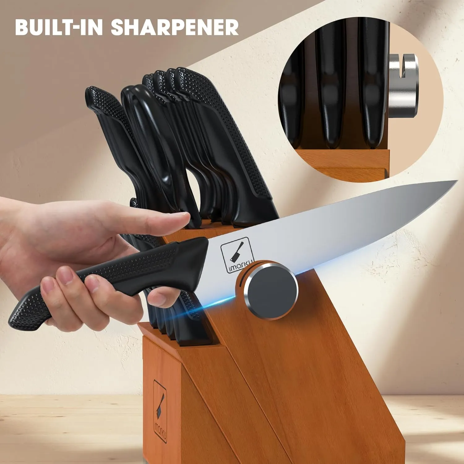 imarku Japanese High Carbon Stainless Steel Knife Set - 14PCS Knives Set for Kitchen, Dishwasher Safe, Comfortable Non-slip Handle, Built-in Sharpener - Reliable Gift for Women