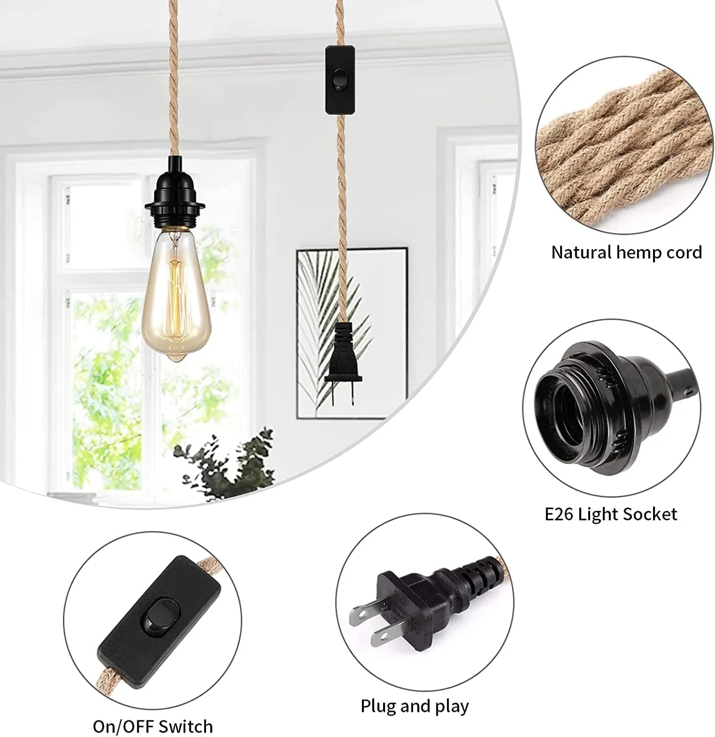 Industrial Hanging Light with Plug in Cord - Hemp Rope On/Off Switch, Farmhouse Pendant Light for Dining Room