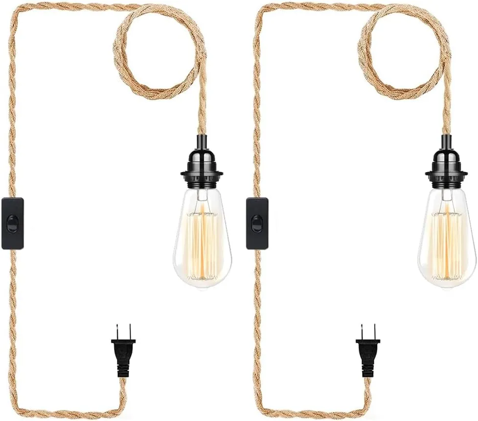 Industrial Hanging Light with Plug in Cord - Hemp Rope On/Off Switch, Farmhouse Pendant Light for Dining Room