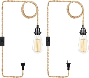 Industrial Hanging Light with Plug in Cord - Hemp Rope On/Off Switch, Farmhouse Pendant Light for Dining Room