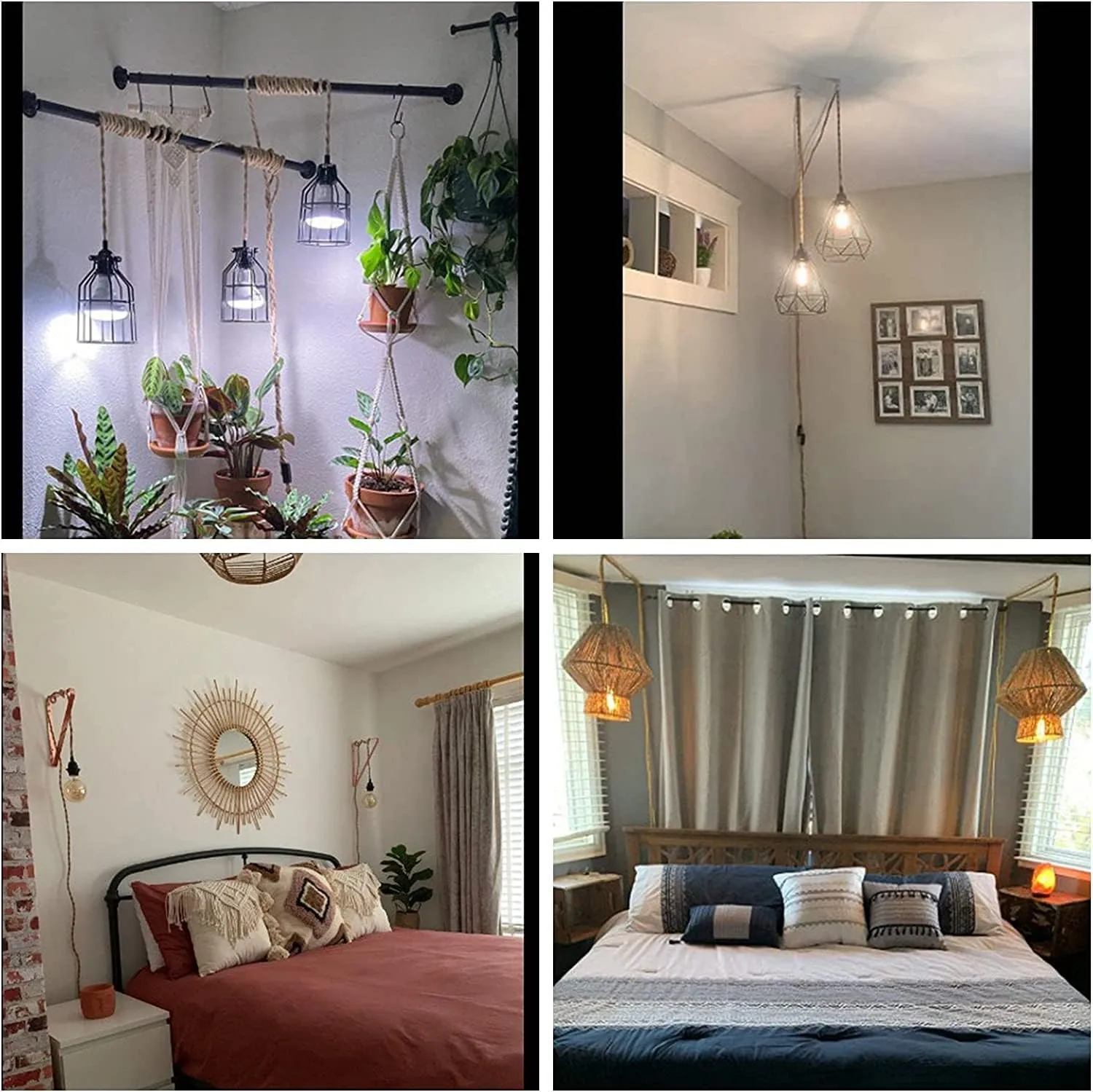 Industrial Hanging Light with Plug in Cord - Hemp Rope On/Off Switch, Farmhouse Pendant Light for Dining Room
