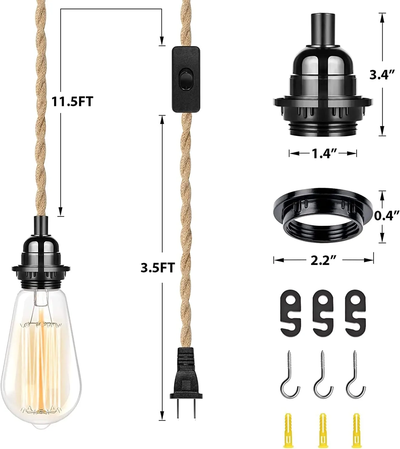 Industrial Hanging Light with Plug in Cord - Hemp Rope On/Off Switch, Farmhouse Pendant Light for Dining Room