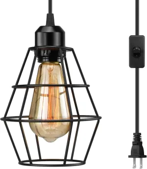 Industrial Plug in Pendant Light, Black Farmhouse Cage Light Fixture with On/Off Switch, Vintage Hanging Lights with Plug in Cord, E26 Pendant Lighting for Kitchen Living Room Dining Room