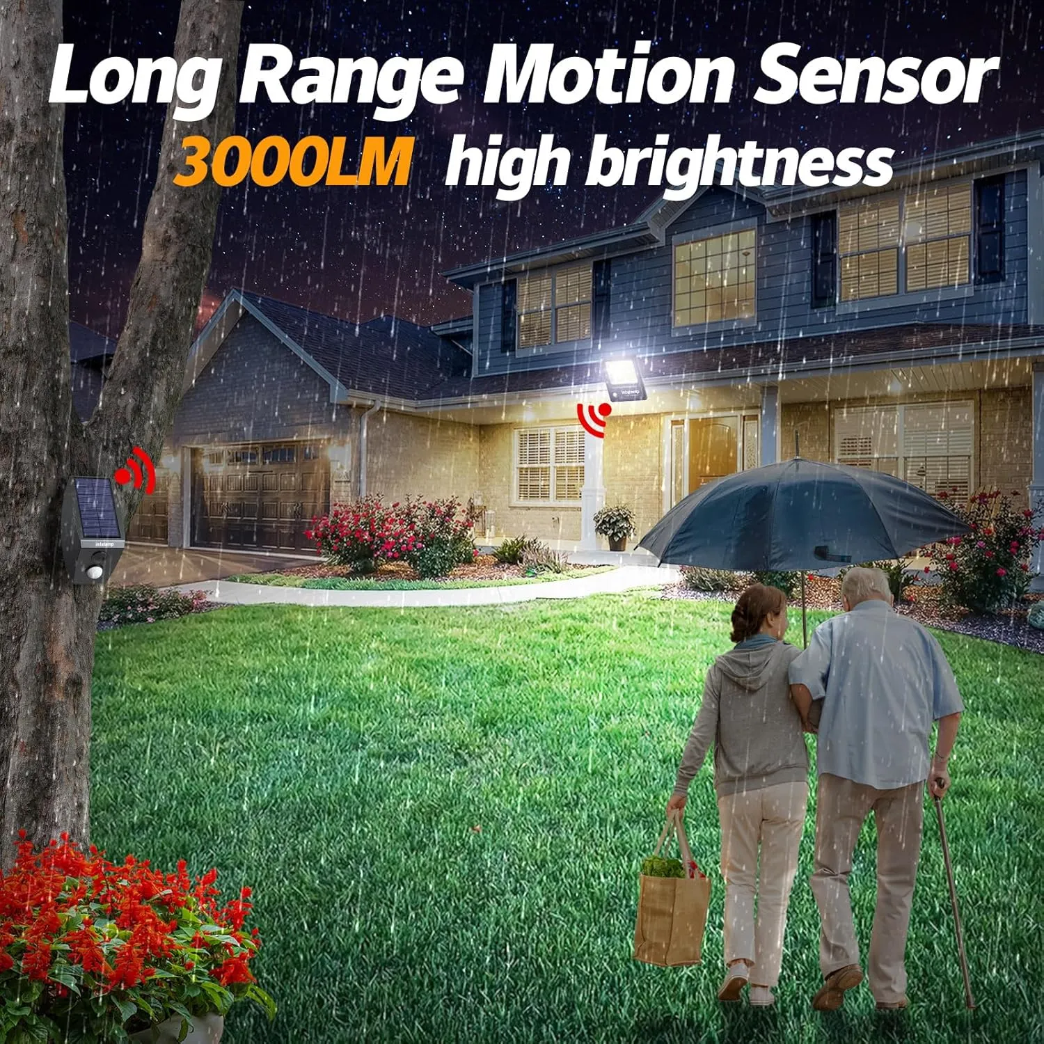 intelamp Solar Flood Lights Outdoor Waterproof, Linkable 12000mAh 3000LM Motion Sensor Floodlight with Remote Control Sensor Case 16.4Ft Cable, Dusk to Dawn Lighting Lamp for Street Outside House