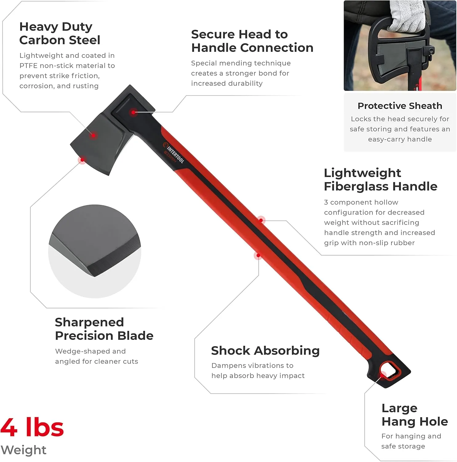 INTERTOOL 28” Chopping Axe, Tree Felling Ax Tool, Deeper Cuts, Wood Splitting, Kindling, Camp, Firewood, Survival, Shock Absorbing Anti-Slip Grip Handle, Sheath, Storm HT08-0296