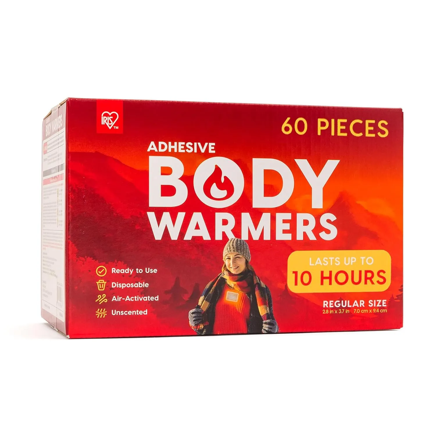 IRIS USA Adhesive Hand/Body Warmers, 60 Individual Warmers, Long-Lasting Up to 10 Hours Regular-Sized Disposable Handwarmers for Hot Hands Feet Chest Back Legs, TSA-Approved, Skiing Camping Essentials