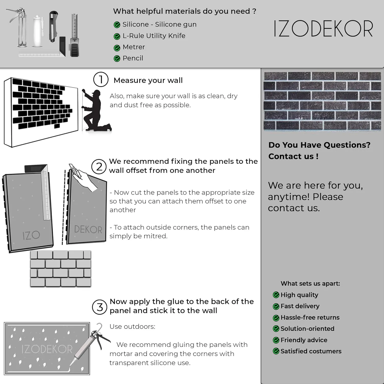 IZODEKOR 3D Brick Effect Wall Panels - Faux Brick Paneling for Living Room, Kitchen, Bathroom and More | Ash Smoke - Pack of 10 Covers 53 sq ft