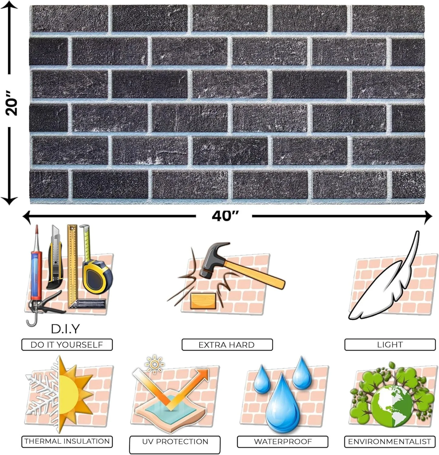 IZODEKOR 3D Brick Effect Wall Panels - Faux Brick Paneling for Living Room, Kitchen, Bathroom and More | Ash Smoke - Pack of 10 Covers 53 sq ft
