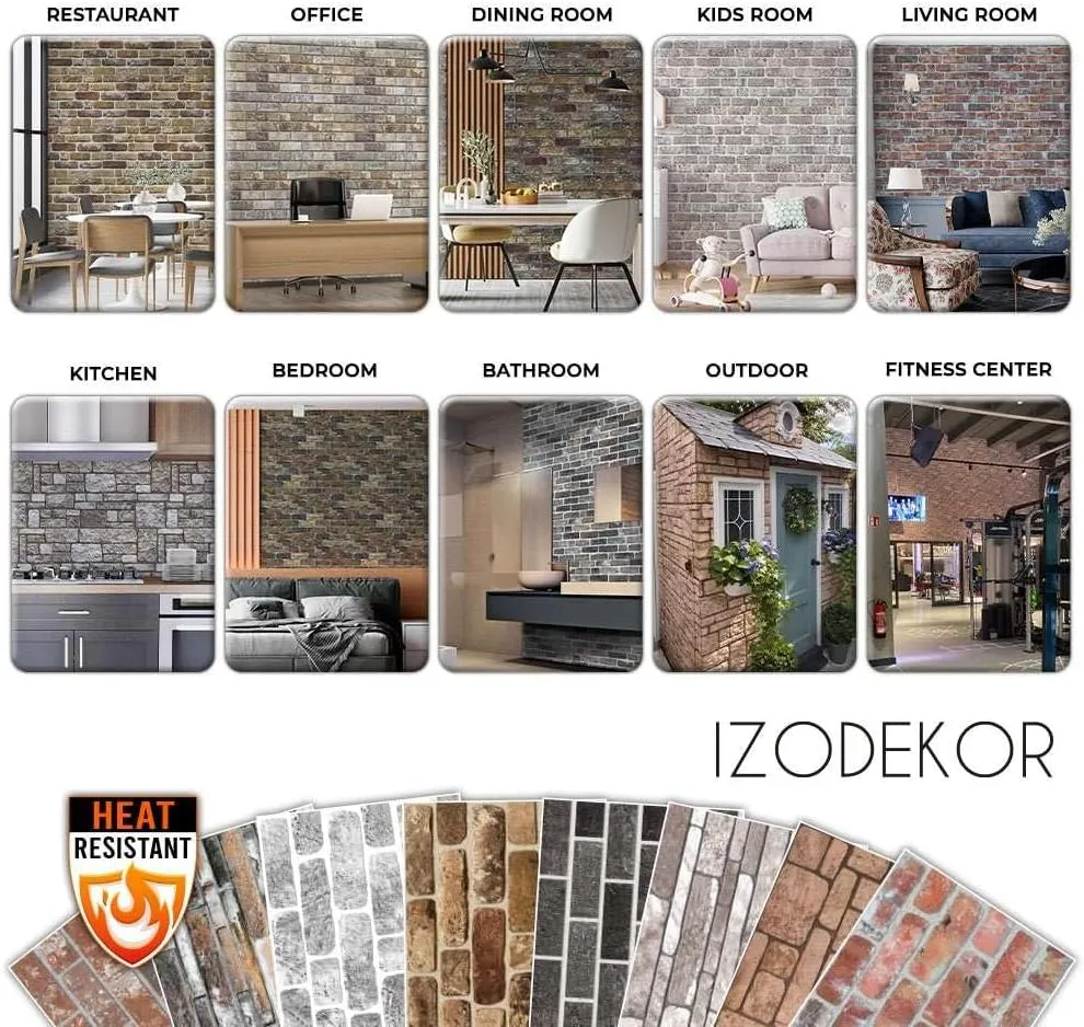 IZODEKOR 3D Brick Effect Wall Panels - Faux Brick Paneling for Living Room, Kitchen, Bathroom and More | Ash Smoke - Pack of 10 Covers 53 sq ft