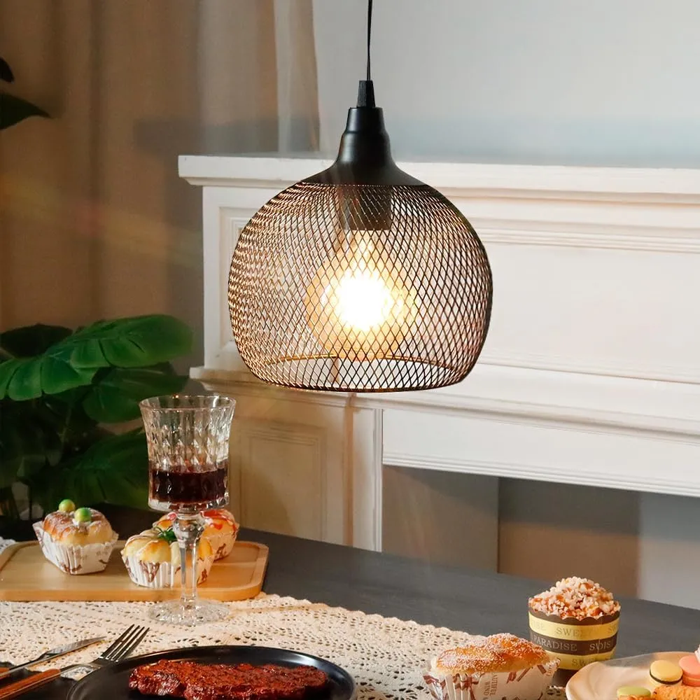 JHY DESIGN Hanging Lamp Black Battery Powered Decorative Pendant Lamp Metal Cage Battery Lamp with 6 Hours Timer for Bar Bedroom Garden Parties Patio Indoor Outdoor Living Room(Round)