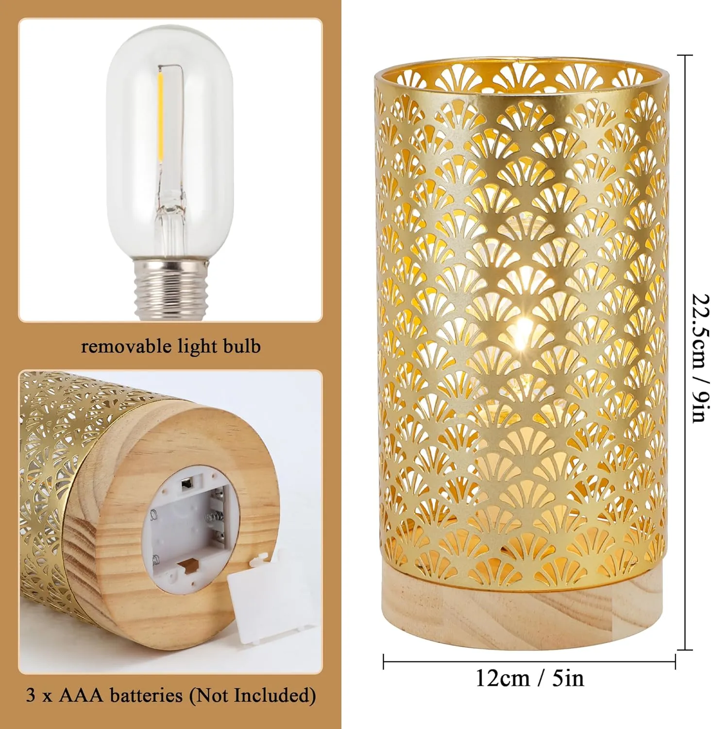 JHY DESIGN Metal Battery Powered Lamp 9''H Medium Cordless Table Lamp with 6-Hours Timer Modern Lamp for Weddings Party Patio Garden Indoors Outdoors Table Balcony（Gold）