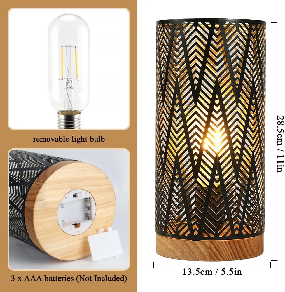 JHY DESIGN Metal Lamp Battery Powered 11''H Accent Cordless Decor Battery Lamp with 6-Hours Timer for Weddings Party Patio Garden Indoor Outdoor Table Balcony Christmas Decorations (with Wooden Base)