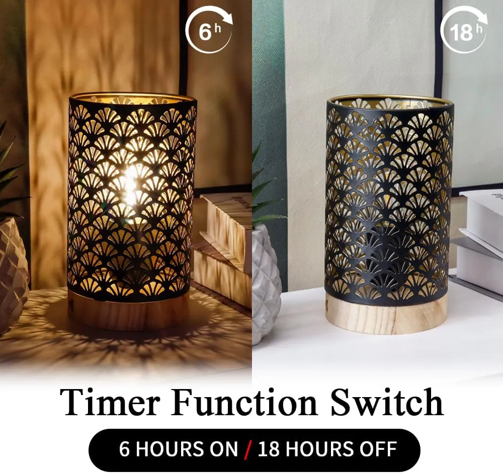 JHY DESIGN Metal Lamp Battery Powered 7.5''H Accent Cordless Lamp with 6-Hours Timer Battery Lamp for Weddings Party Patio Garden Indoors Outdoors Table Balcony（with Wooden Base）