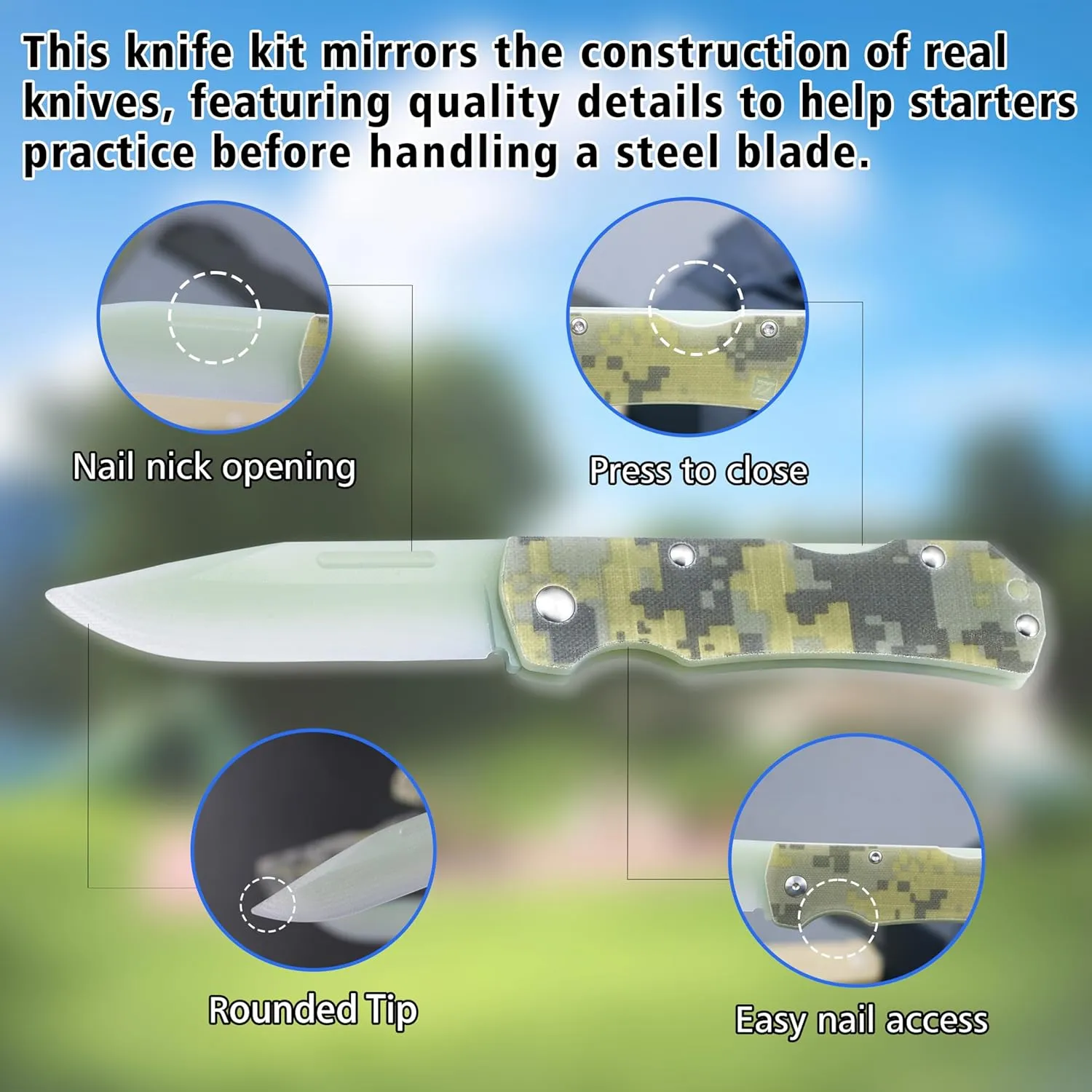 JIN Alpha G10 Knife for Kids, Folding EDC, Fake Toy Knives, DIY Kit, Kids Pocket Knife, Dull, Safe Camo G10 Blade & Handle, Camping Tool