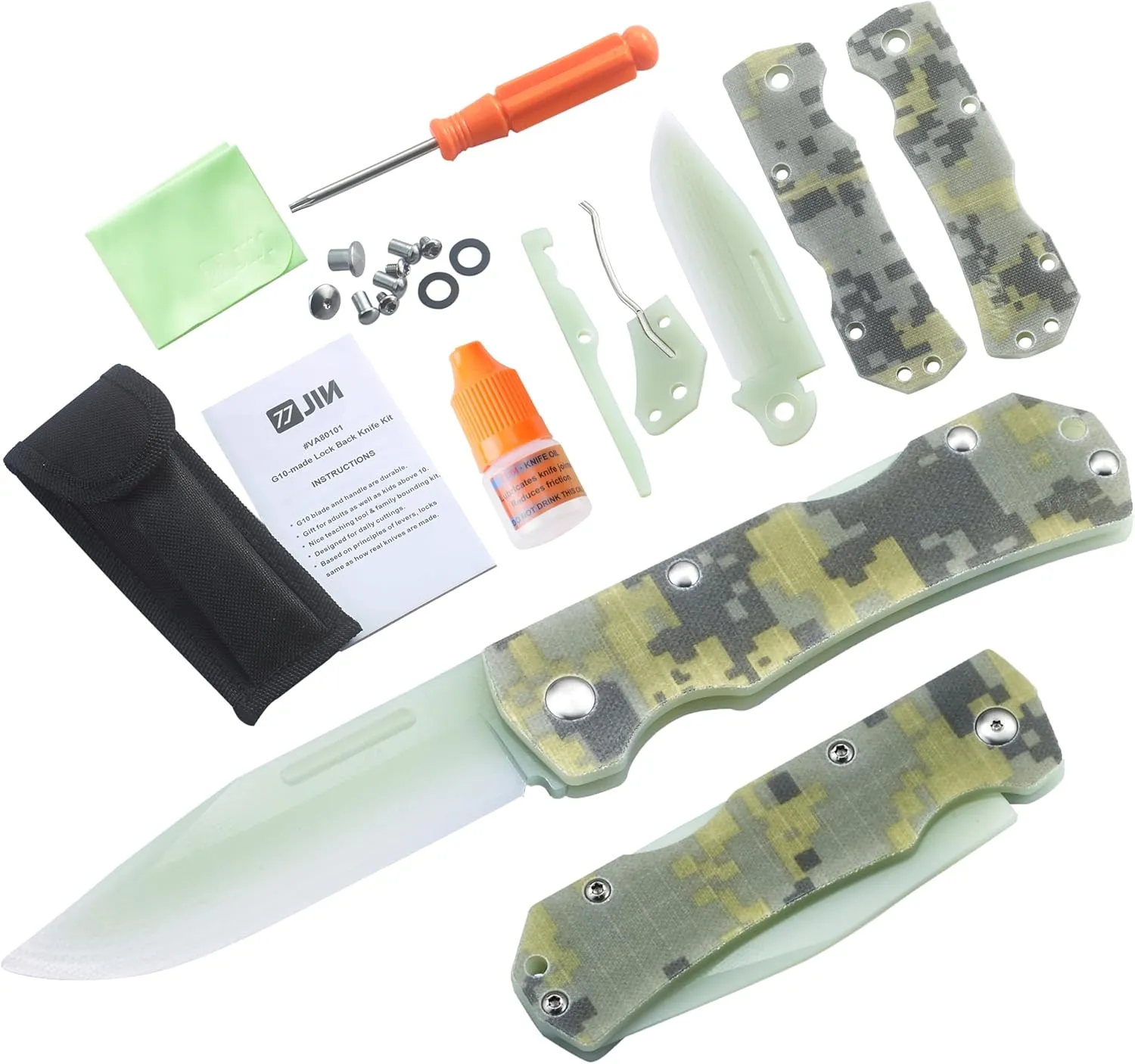 JIN Alpha G10 Knife for Kids, Folding EDC, Fake Toy Knives, DIY Kit, Kids Pocket Knife, Dull, Safe Camo G10 Blade & Handle, Camping Tool