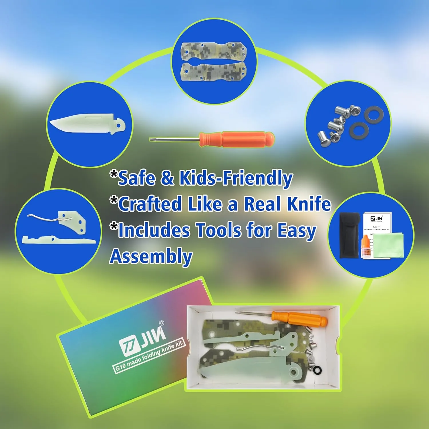 JIN Alpha G10 Knife for Kids, Folding EDC, Fake Toy Knives, DIY Kit, Kids Pocket Knife, Dull, Safe Camo G10 Blade & Handle, Camping Tool