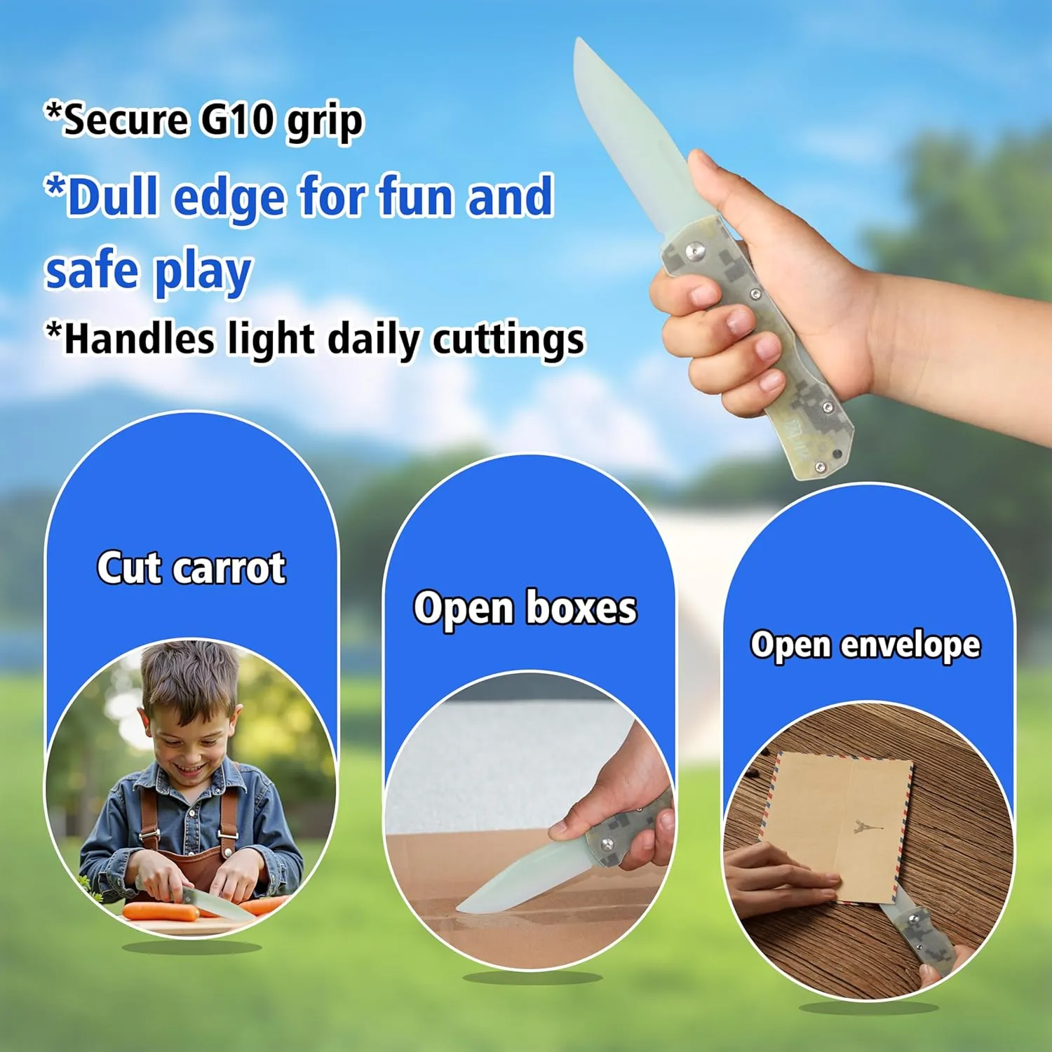 JIN Alpha G10 Knife for Kids, Folding EDC, Fake Toy Knives, DIY Kit, Kids Pocket Knife, Dull, Safe Camo G10 Blade & Handle, Camping Tool