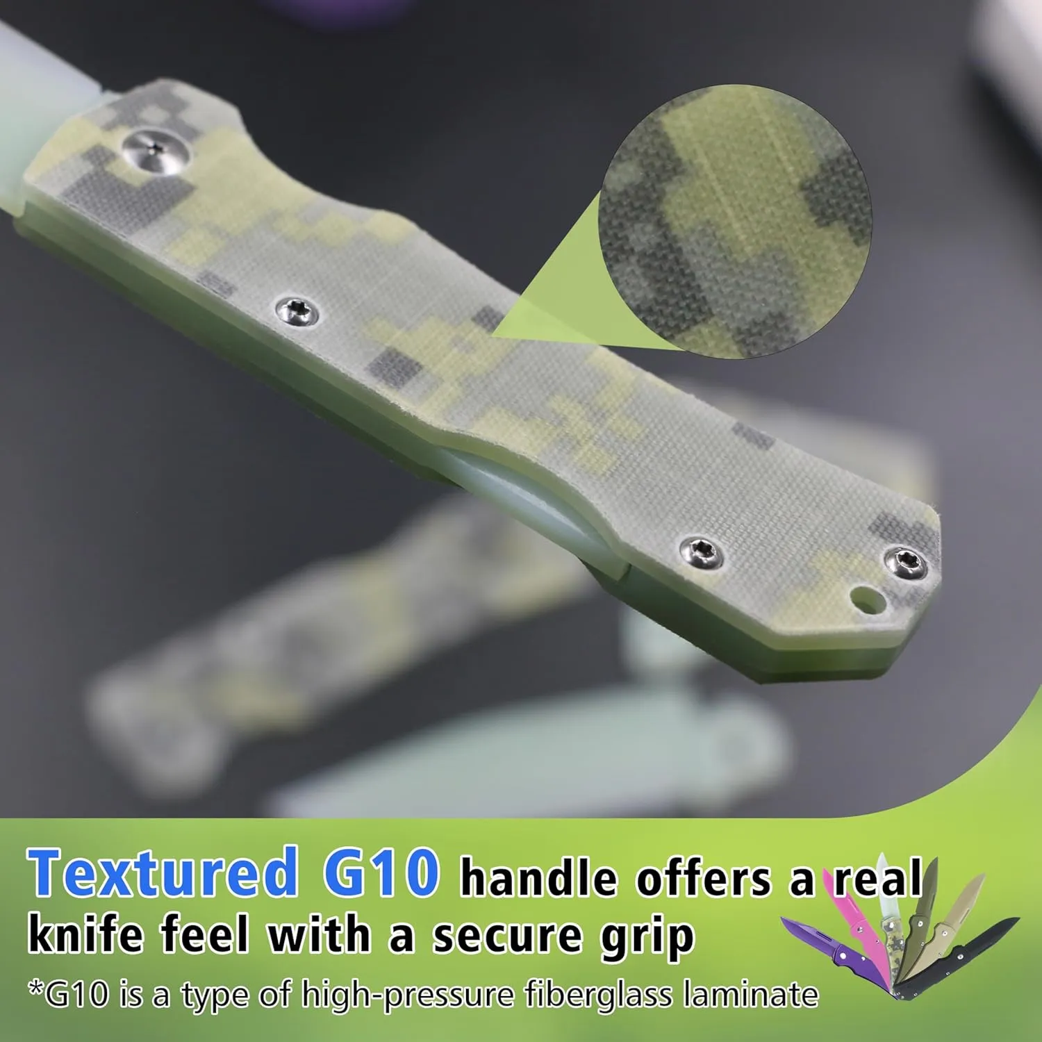 JIN Alpha G10 Knife for Kids, Folding EDC, Fake Toy Knives, DIY Kit, Kids Pocket Knife, Dull, Safe Camo G10 Blade & Handle, Camping Tool