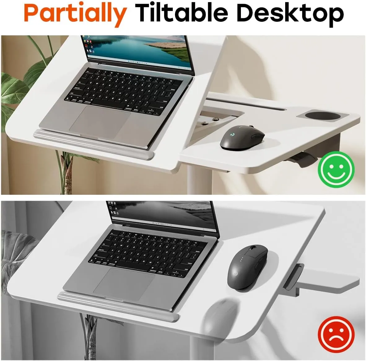 JOY worker Mobile Standing Desk, Height Adjustable Table, 60° Tiltable Rolling Laptop Desk, Portable Sit Stand Desk with Wheels Cup Holder for Bed Couch School, Holds Up to 22lbs, White