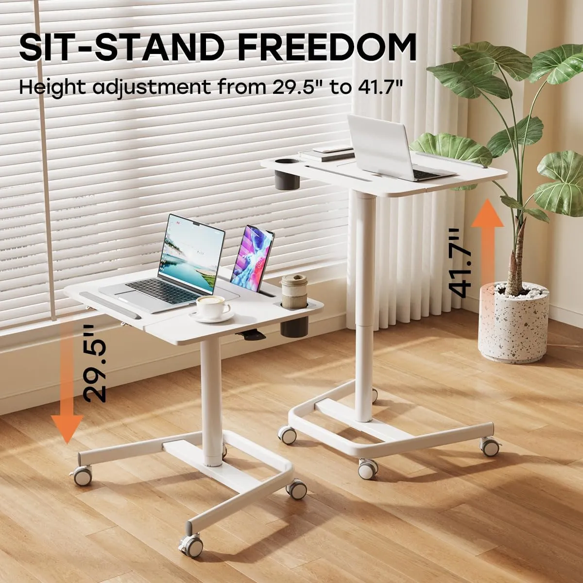 JOY worker Mobile Standing Desk, Height Adjustable Table, 60° Tiltable Rolling Laptop Desk, Portable Sit Stand Desk with Wheels Cup Holder for Bed Couch School, Holds Up to 22lbs, White
