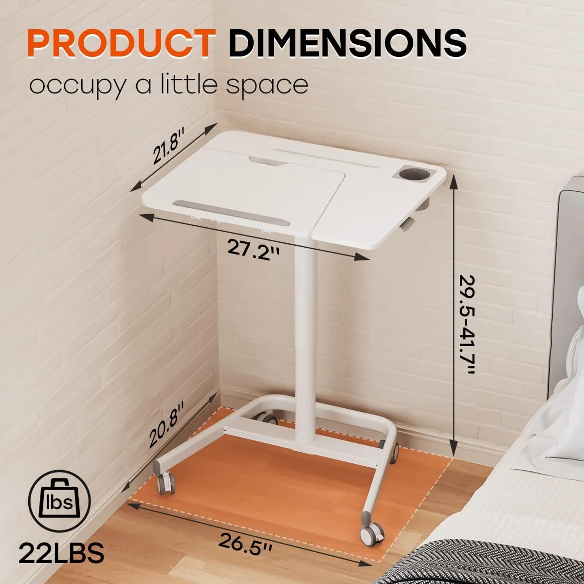 JOY worker Mobile Standing Desk, Height Adjustable Table, 60° Tiltable Rolling Laptop Desk, Portable Sit Stand Desk with Wheels Cup Holder for Bed Couch School, Holds Up to 22lbs, White