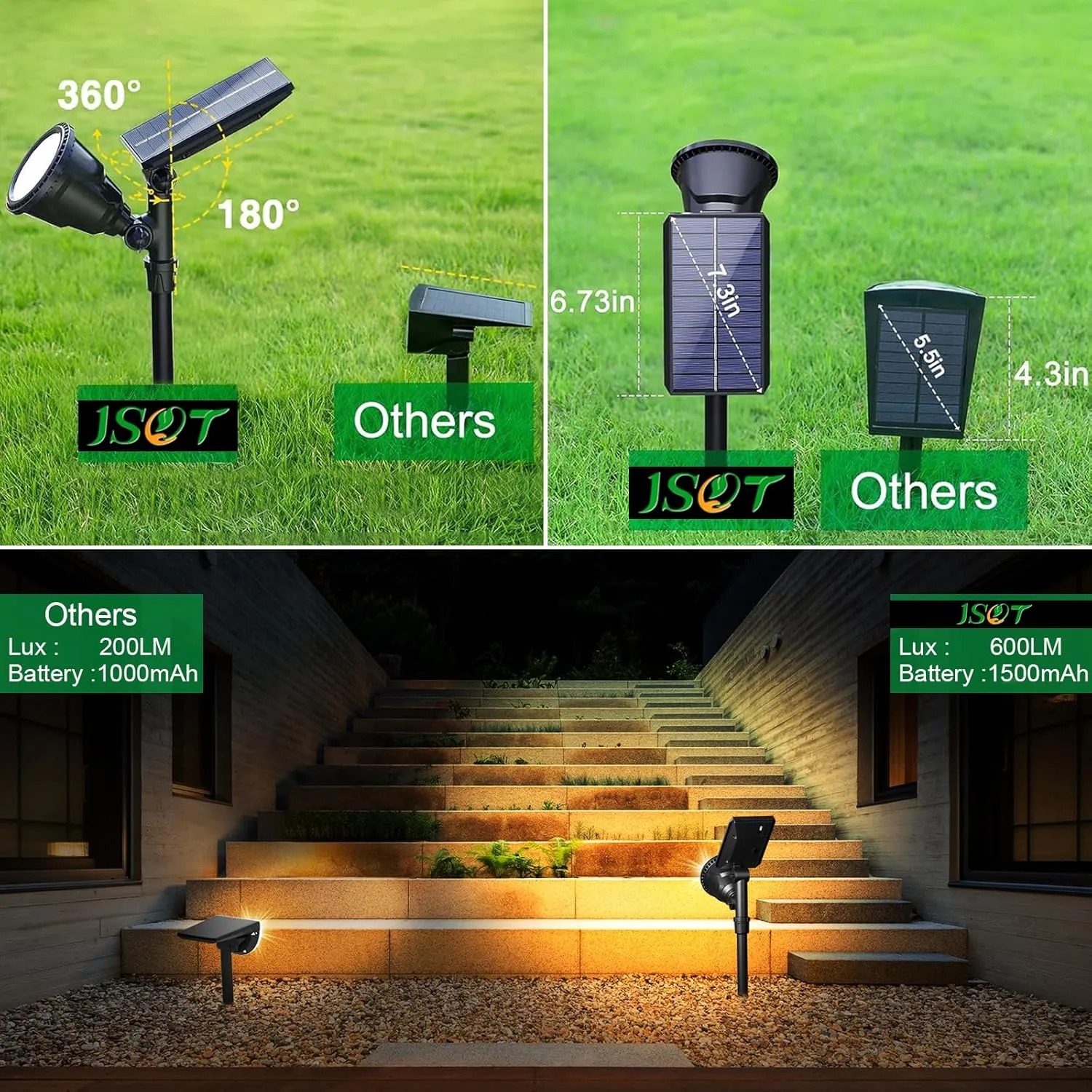 JSOT 600 Lumen Bright Solar Lights Outdoor Waterproof,Solar Powered Landscape Spotlights Solar Walkway Lighting for Backyard Garden Pathway Driveway Path Wall Patio Decor Warm White 4 Pack