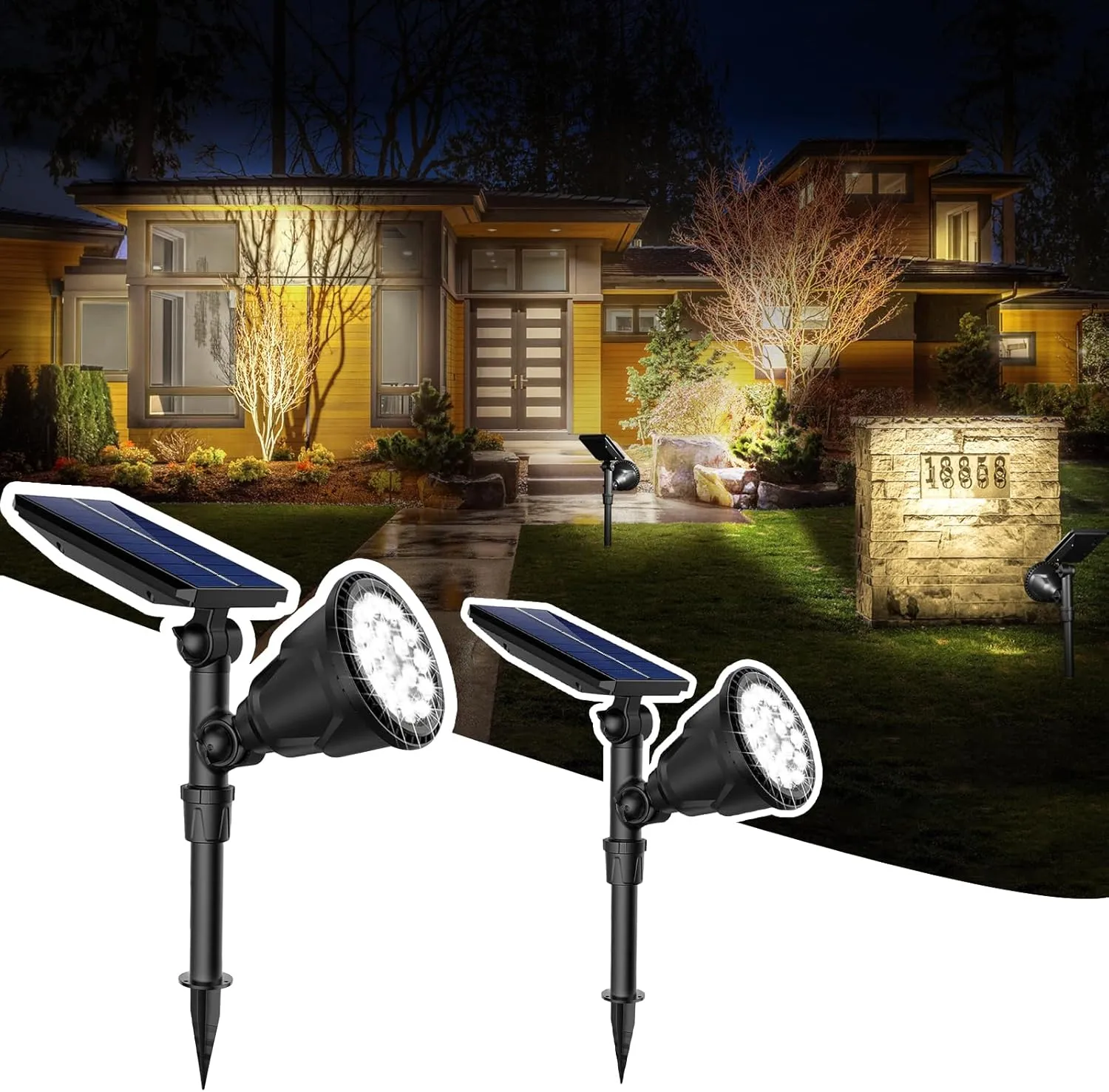JSOT Solar Spot Lights Outdoor, 600LM Solar Spotlight Waterproof Landscape Lighting, Garden Decor Lamp Wall Light for Yard, Pathway, Path, Driveway, Pool, Backyard Decorative (Cool White 2 Pack)