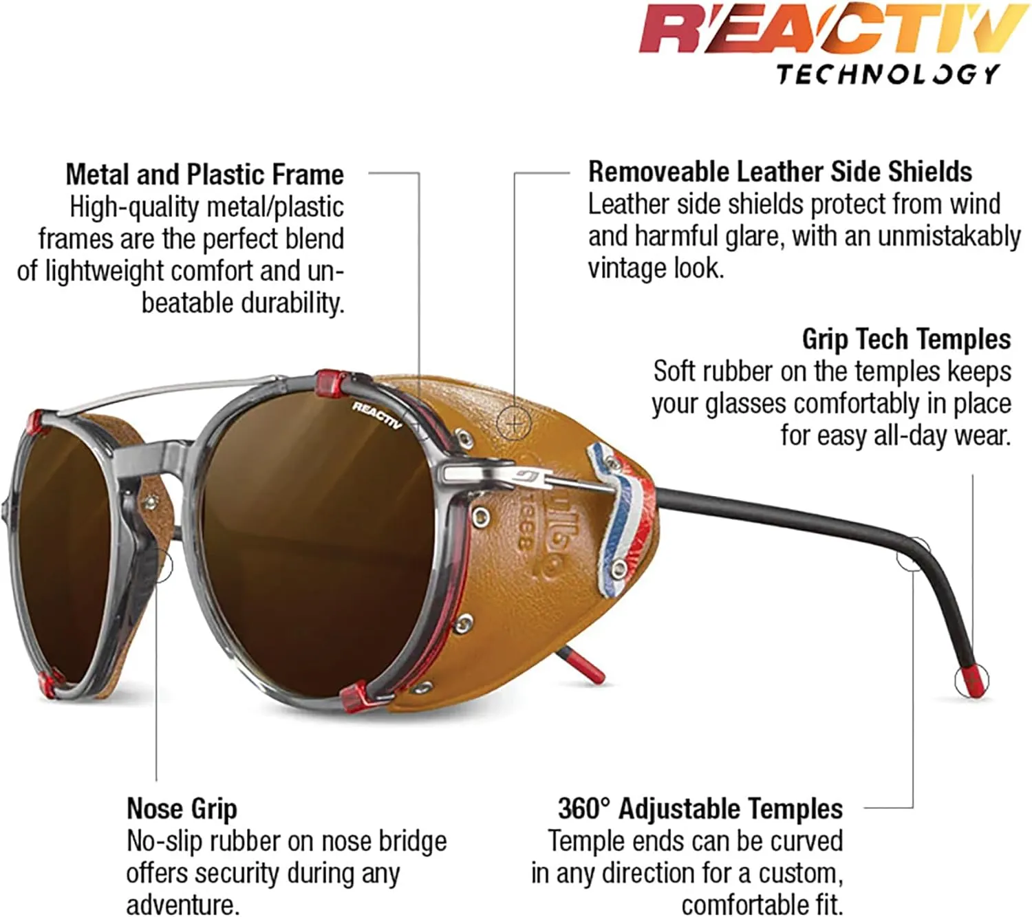 Julbo Legacy Glacier Sunglasses for Men & Women w/Removable Leather Side Shields for Hiking, Ski, Snow - 100% UV Protection