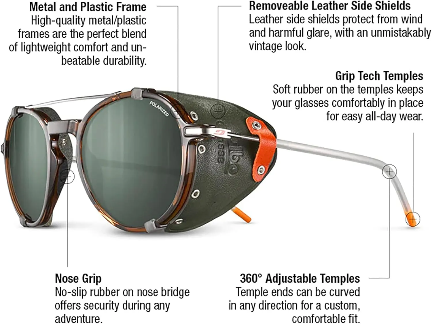 Julbo Legacy Glacier Sunglasses for Men & Women w/Removable Leather Side Shields for Hiking, Ski, Snow - 100% UV Protection