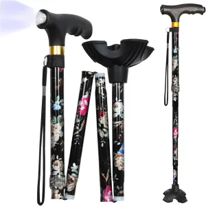 JUNRA Walking Cane with LED Light - Folding, Portable, Collapsible Aluminium Cane for Women and Men - Lightweight and Adjustable Walking Stick for Seniors Balance