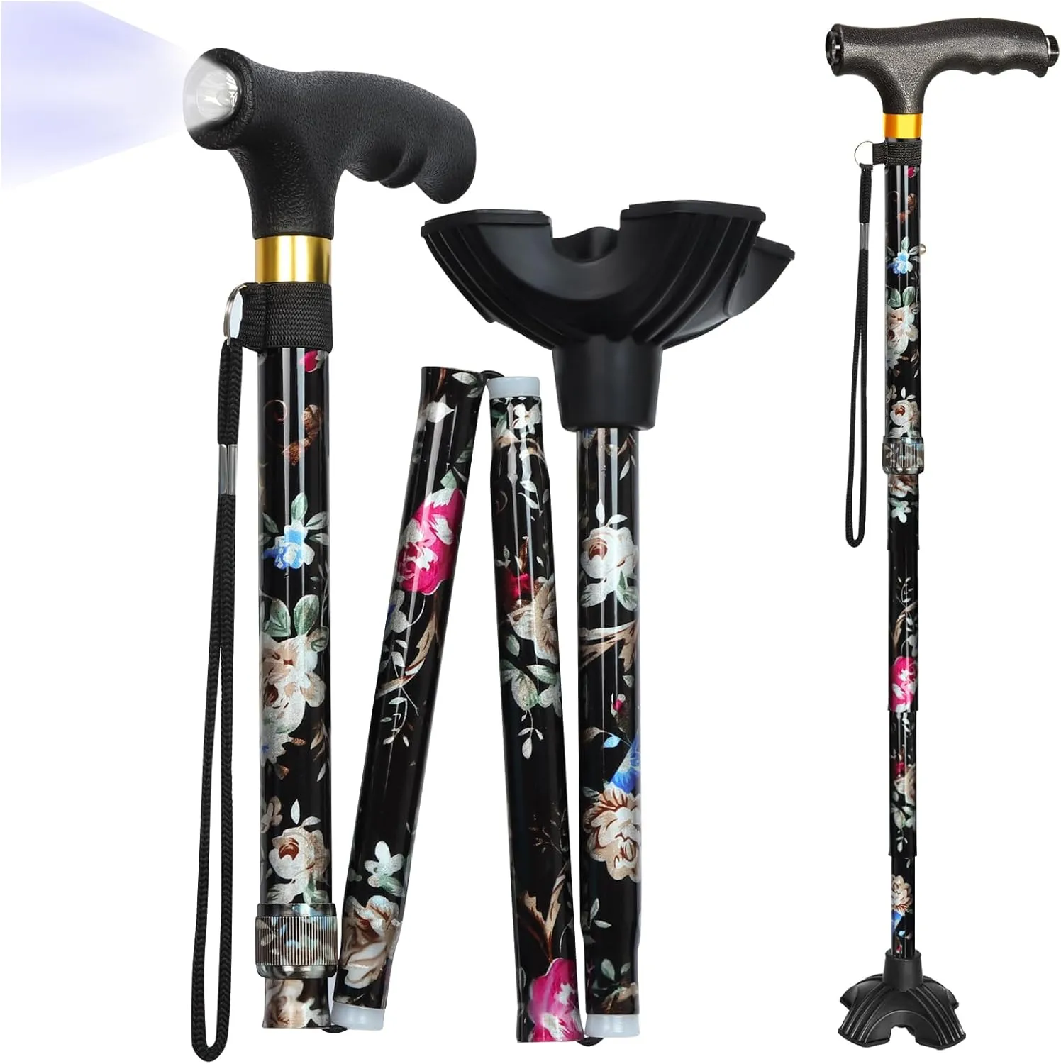 JUNRA Walking Cane with LED Light - Folding, Portable, Collapsible Aluminium Cane for Women and Men - Lightweight and Adjustable Walking Stick for Seniors Balance