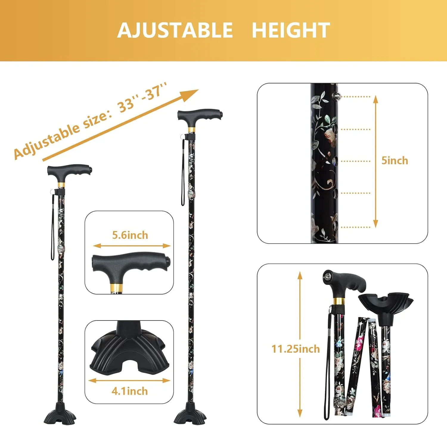 JUNRA Walking Cane with LED Light - Folding, Portable, Collapsible Aluminium Cane for Women and Men - Lightweight and Adjustable Walking Stick for Seniors Balance