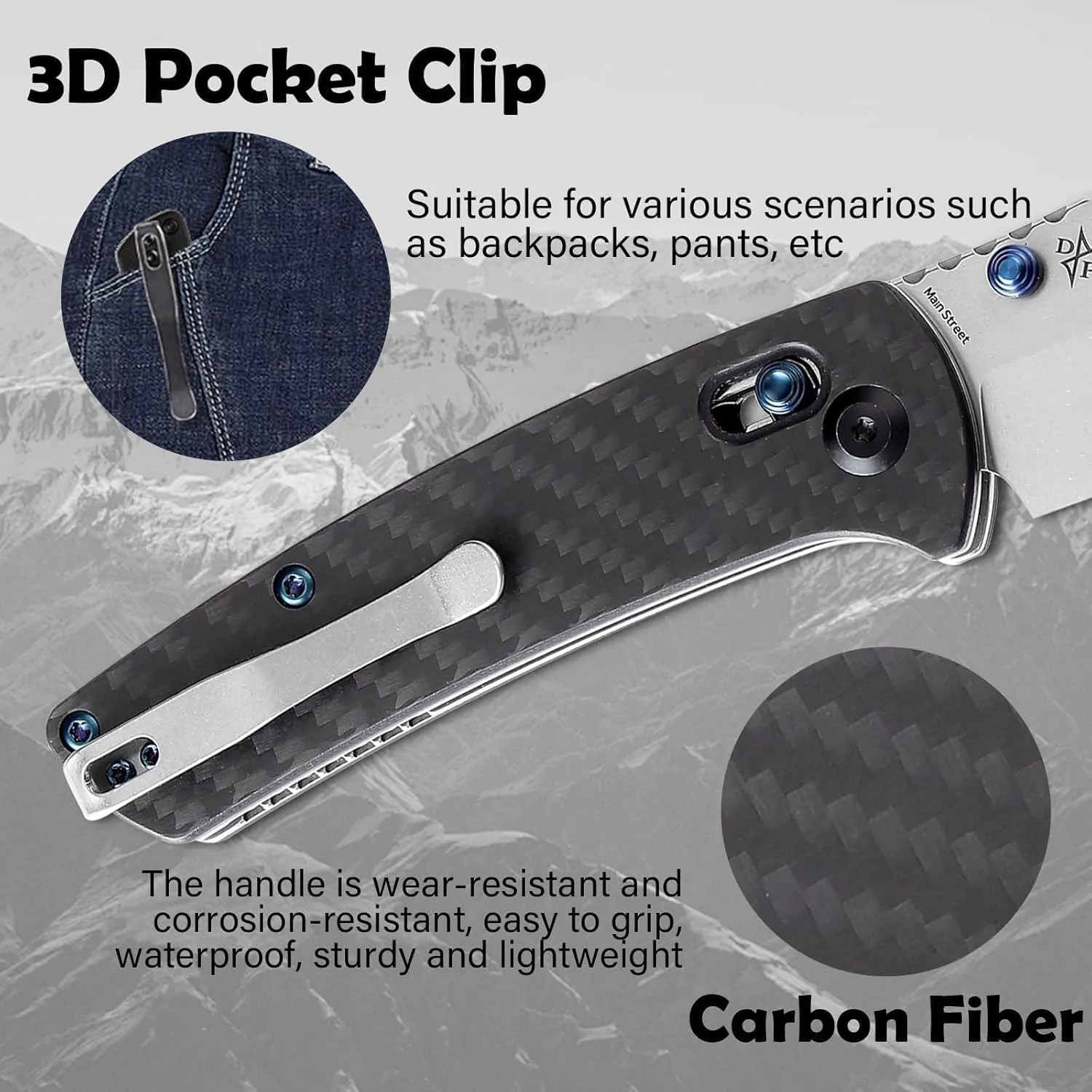 KANSEPT Main Street Pocket Folding Knife, 3.36'' 154CM Sharp Steel Blade, Twill CarbonFiber G10 Handle with Axis Lock and ThumbStud, Perfect Clip for Camping Hiking Fishing Gift Everyday Carry T1015v4