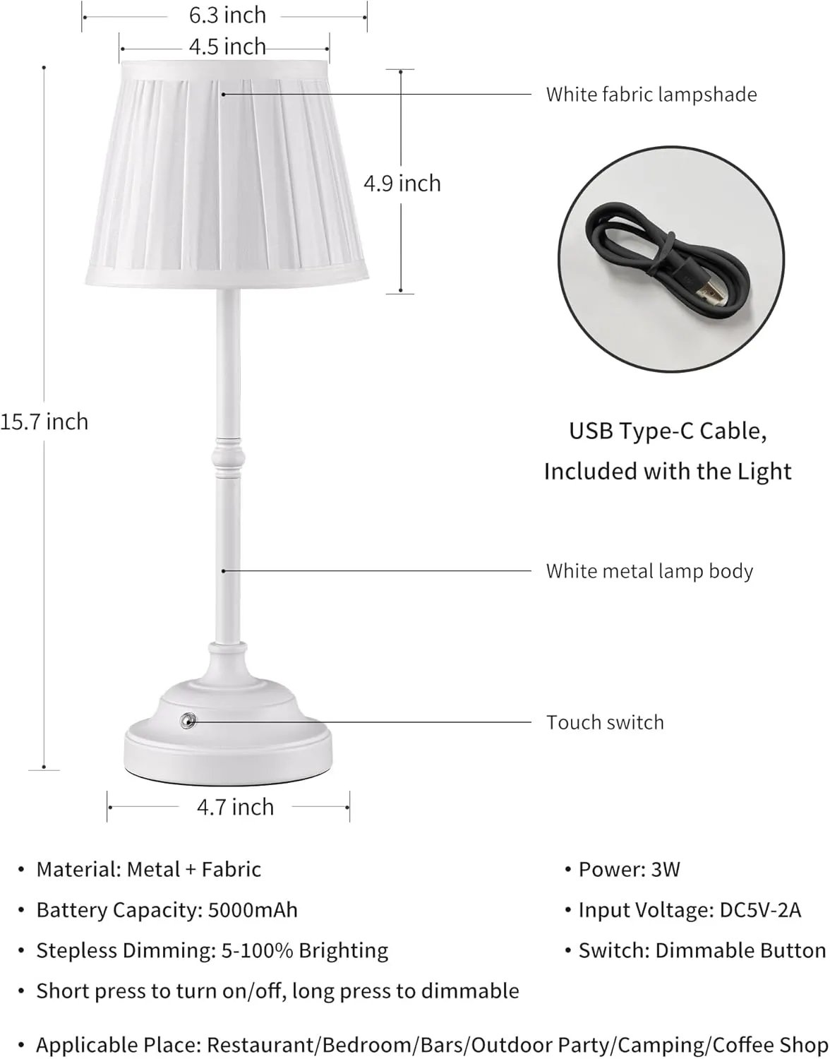 KDG Cordless LED Table Lamp Set of 2, Portables Fabric Shade Desk Lamps, 5000mAh Rechargeable Battery Powered Lighting, Dimmable Light for Dining Room, Bedroom, Bedside, Night Light, Balcony (White)