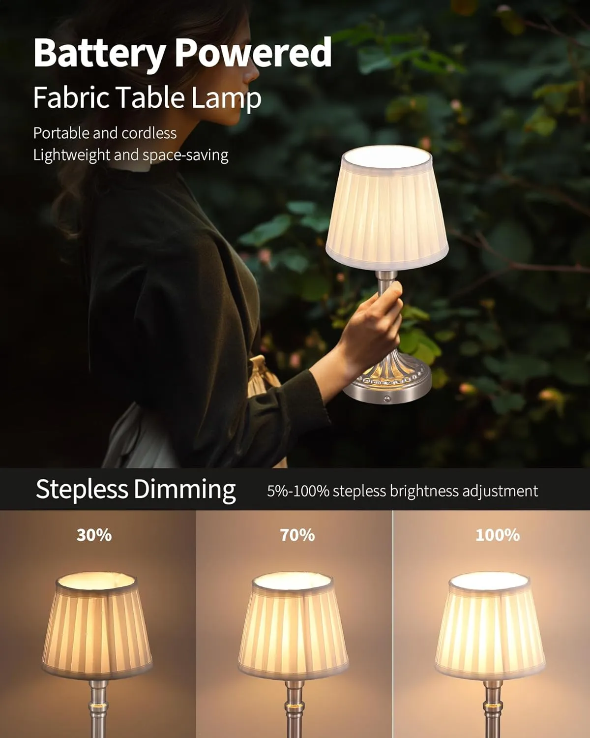 KDG Cordless Portables Table Lamp Set of 2, LED Fabric Shade Small Desk Lamps, 5000mAh Battery Powered Lighting, 2700K Stepless Dimmable Light for Living Room, Dining Room, Bedroom, Bedside (Nickel)